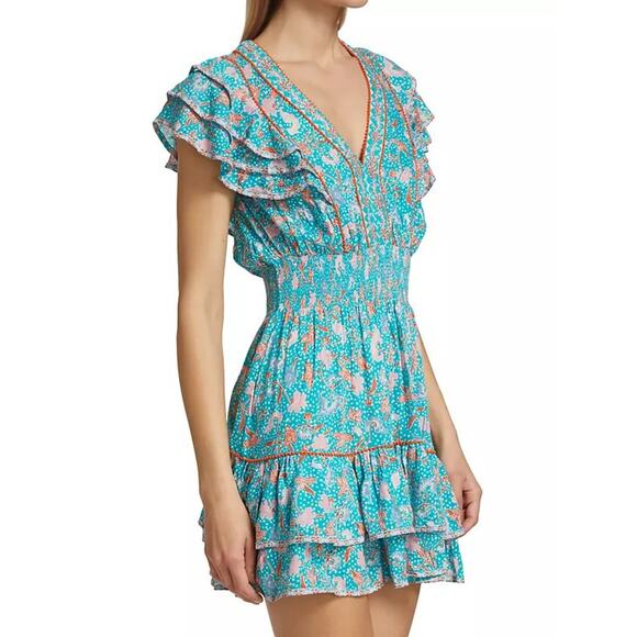 Poupette St Barth NWT Camila Green V-Neck Flutter Sleeve Mini Dress Medium - Picture 1 of 5